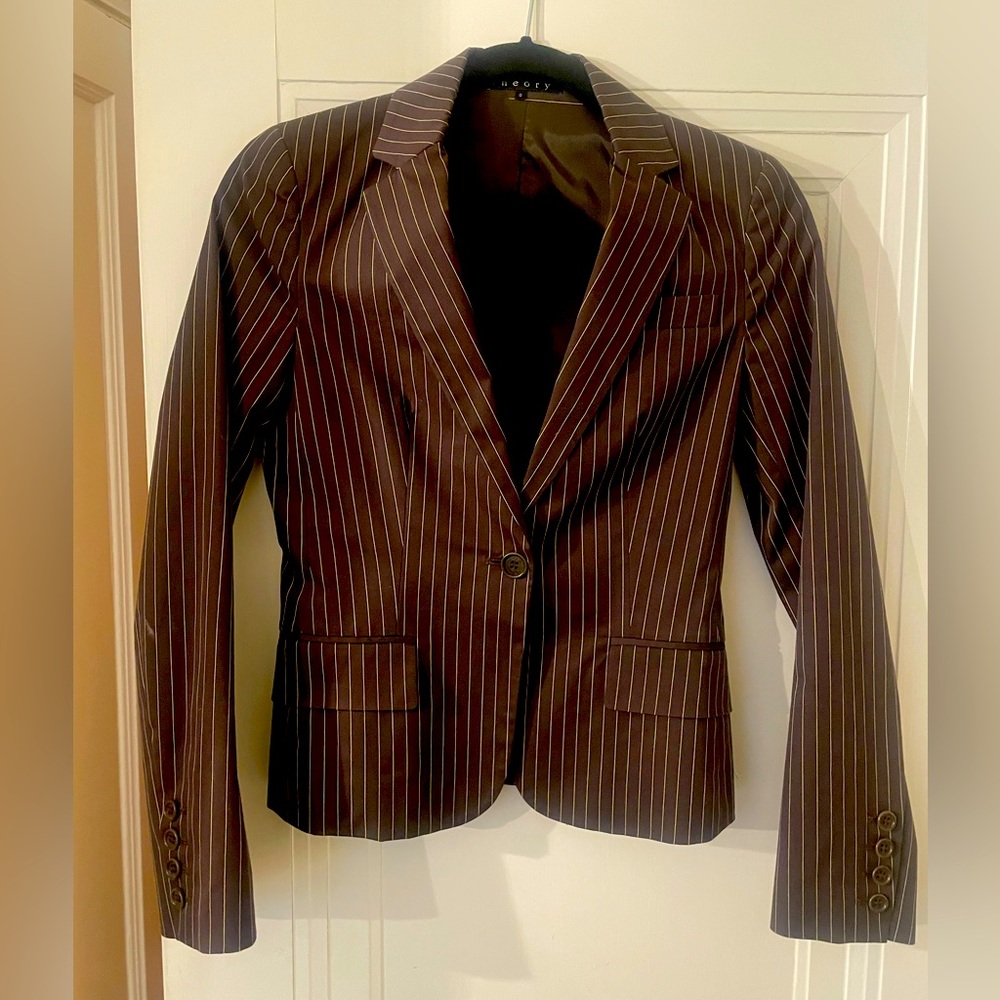 Chocolate brown with cream pin stripes.